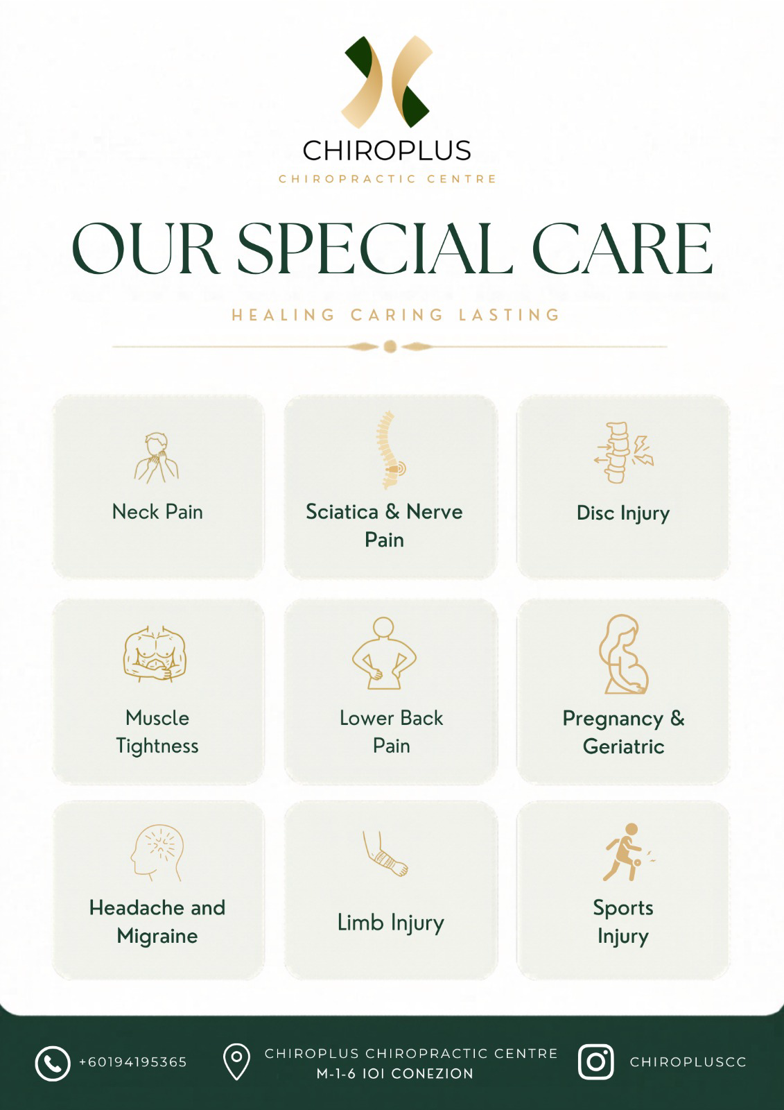 Our Special Care — the conditions ChiroPlus treats: neck pain, sciatica and nerve pain, disc injury, muscle tightness, lower back pain, pregnancy and geriatric care, headache and migraine, limb injury, and sports injury.